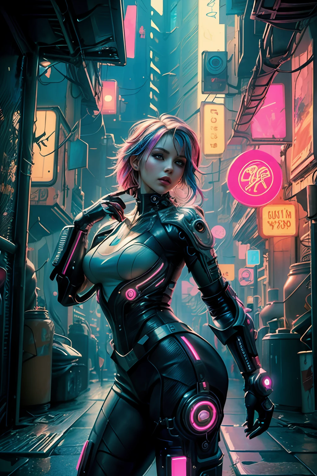 (Photorealistic:1.4) image of a cyber punk girl, (top-quality, 8K, 32K, masterpiece) , ((dynamic pose)), cowboy shot, shapeless hair, colorful hair, colorful cyberpunk fashion,depth of fields f/1.8, cyberpunk city background, cinematic lighting.