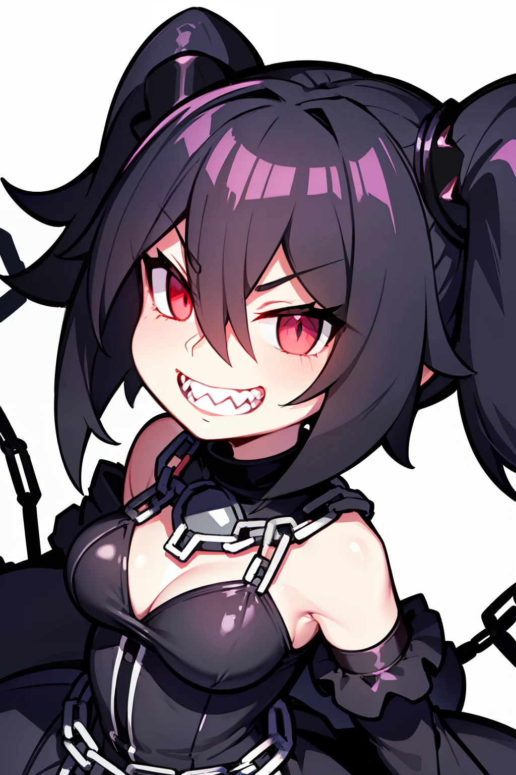 masterpiece,best quality,black disheveled  hair, black dress, chompette, close-up,sharp teeth, grin,chains, chain chomps