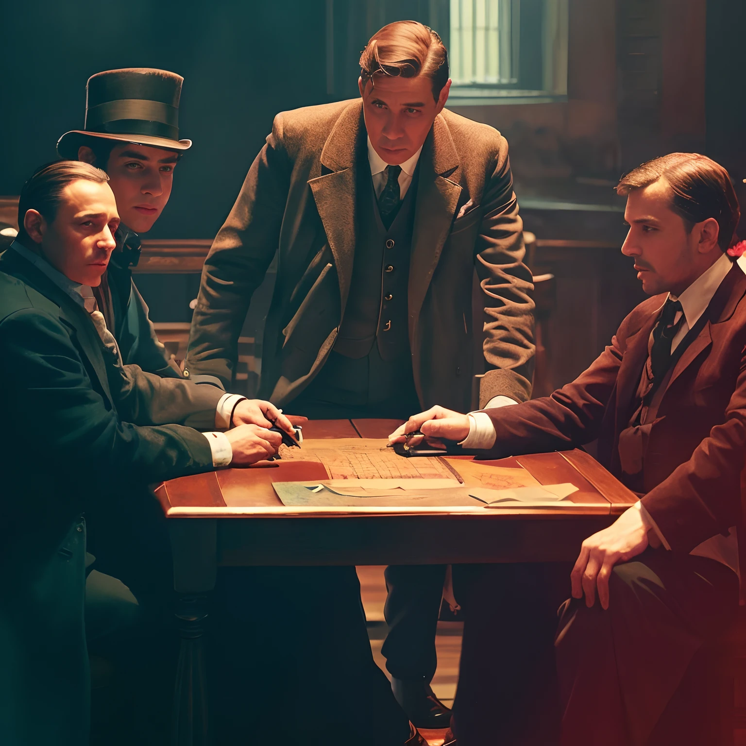 Three men sitting at a table with a man in a top hat, Figurinos de Peaky Blinders, Turma de Peaky Blinders, A Spiritist Session, filme ainda dnd, still image from tv series, Persianas Peaky, Persianas Peaky (2018), imagem promocional do filme, Road to Stillframe Doom, lawther sit at table playing dnd