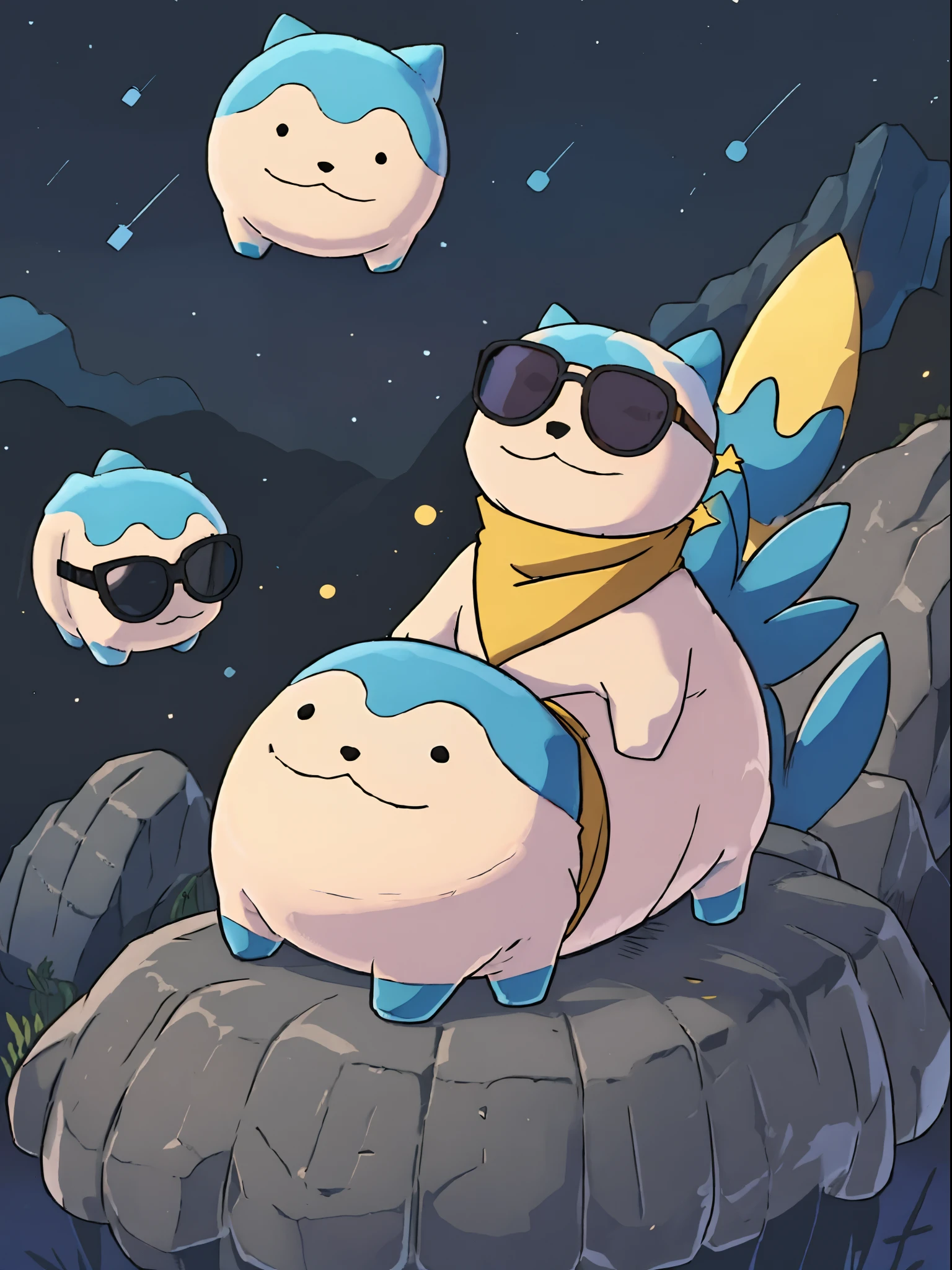 1 large sommie sitting like reclining buddha statue, surrounded by stars, celestial landscape, sunglasses, pokemon_(creature), no_human, no_humans, perfect anime illustration, masterpiece, best quality, animal_ears, yellow_scarf, closed_mouth, smile, blue tail