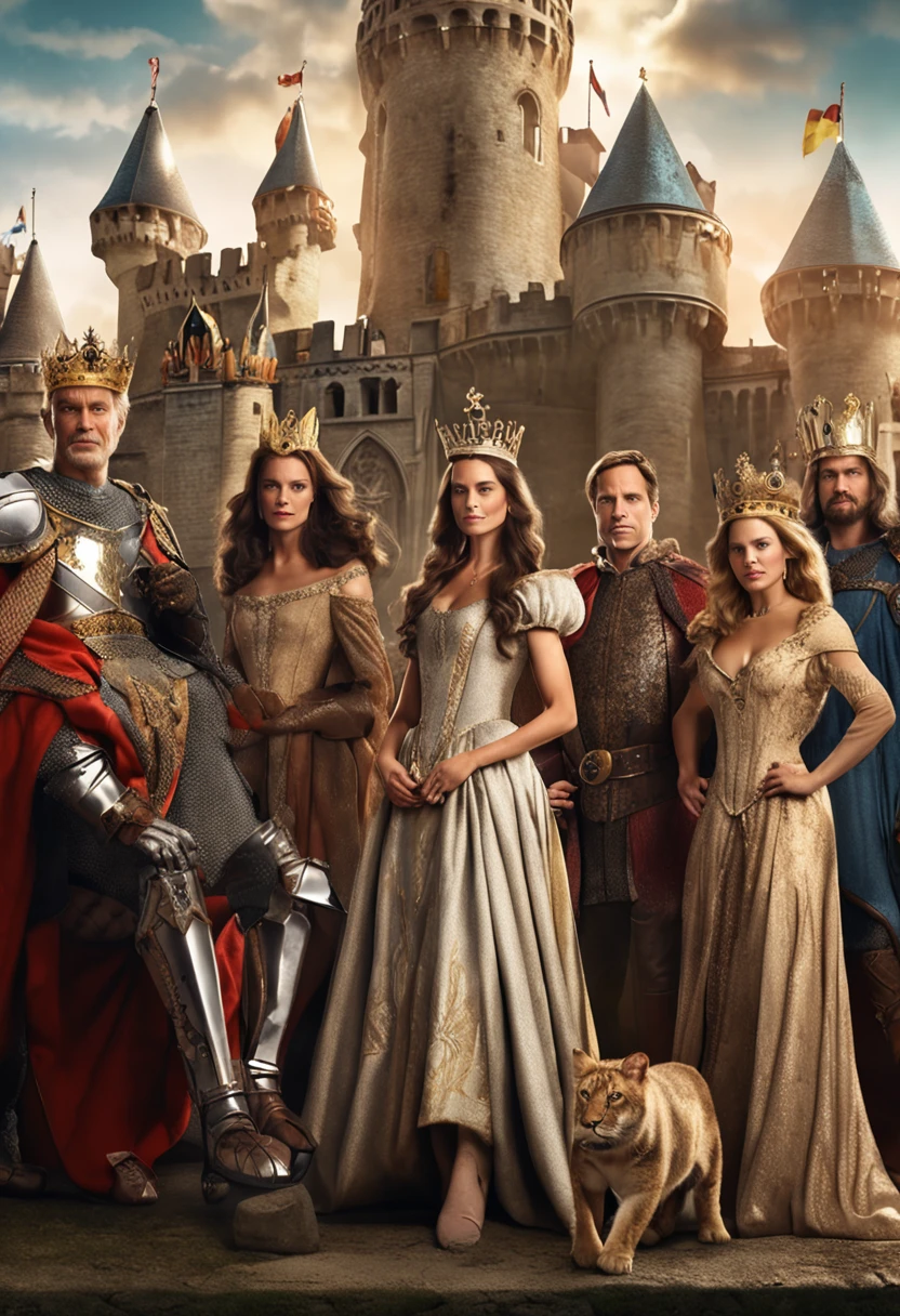 (royal court, 4 characters in the picture) 1 king with strict and firm look, 1 queen with kind and wise look, 1 knight with heroic and cunning look and 1 young princess with playful look. Royal Family, 4k image, realistic, insane detail, (royal court in the background, richly adorned palace in the background)
