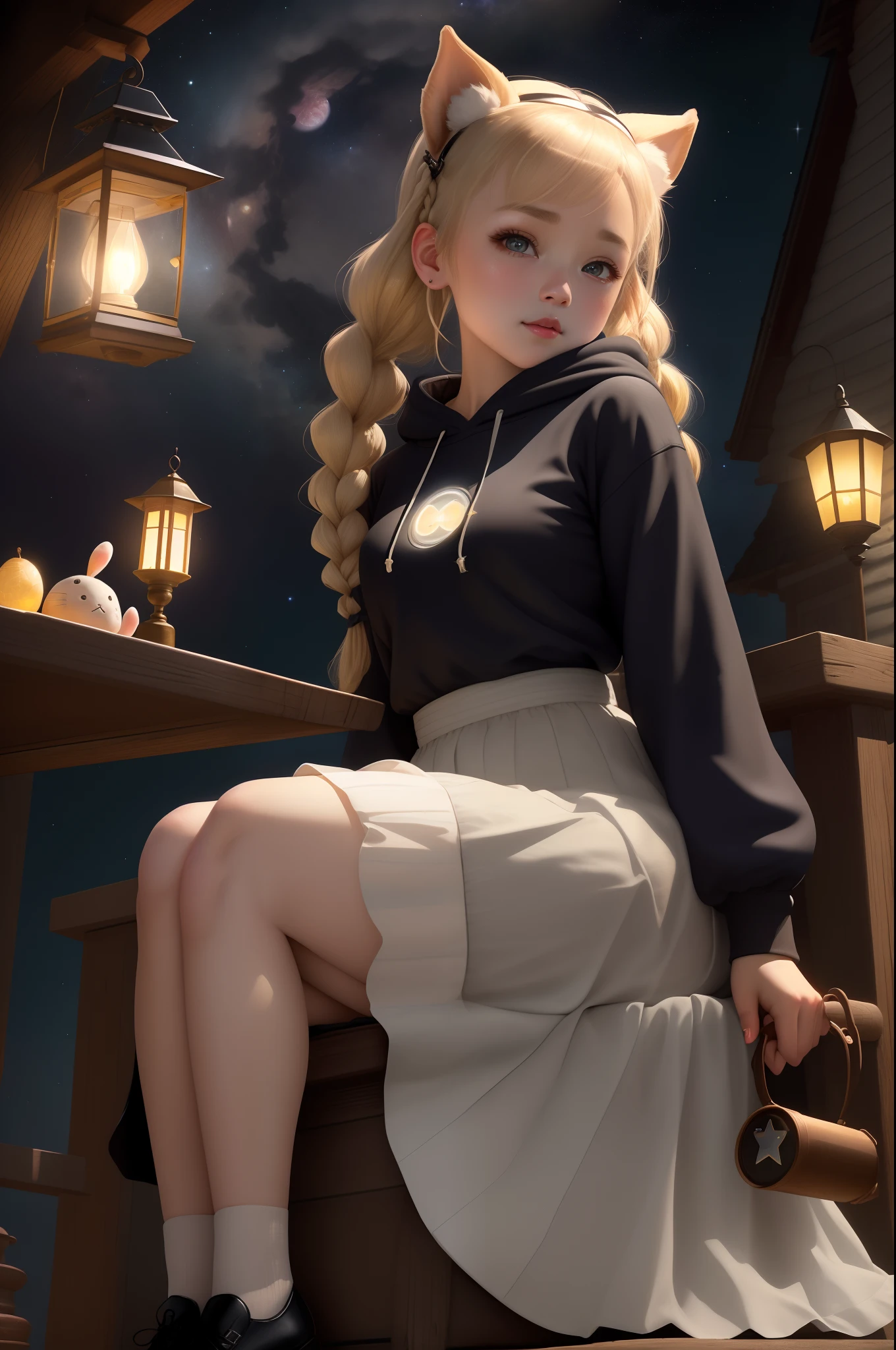 Top image quality、masterpiece、Norman Rockwell's style、Lunar surface、Beautiful fair-skinned girl in long sleeve hoodie、spaces 、Star 3D、The iris is blue、Cute little face、a small face、Light makeup、Two cat ears on the head、blonde hair in braids、tiny chest、Big buttocks、sitting on、Full body like、She holds a magic wand in her right hand、 She has a lantern hanging in her left hand、long skirt、Leather shoes、bunny rabbit、thirds rule、Ultra-wide low-angle