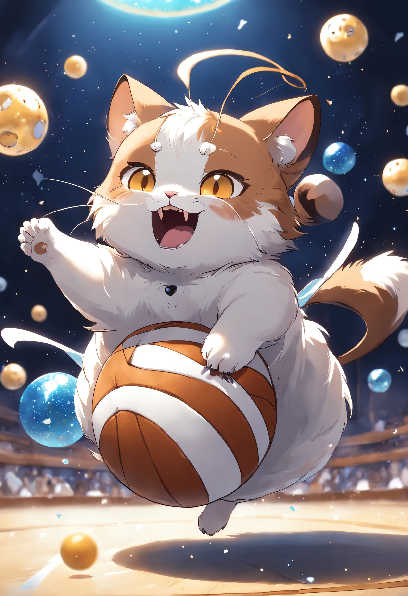 Brown and white bee cat、Draw a picture of playing with a small multicolored ball rolled with its front paws。The cat's expression is a mixture of surprise and excitement.、The way he chases the ball is very cute.。The background is pale blue、There is a glitter around the ball