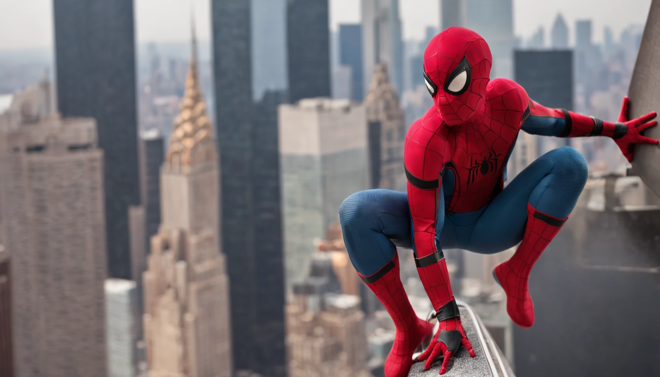 Cinematic photo of the cute realistic Spider-Man on top of the Times Square building, cercado por fogo, sem costura, epics, cinemactic, detalhes intrincados, Concedido, great lighting, sombreamento, alta qualidade, detalhado, corpo inteiro, ultra angular