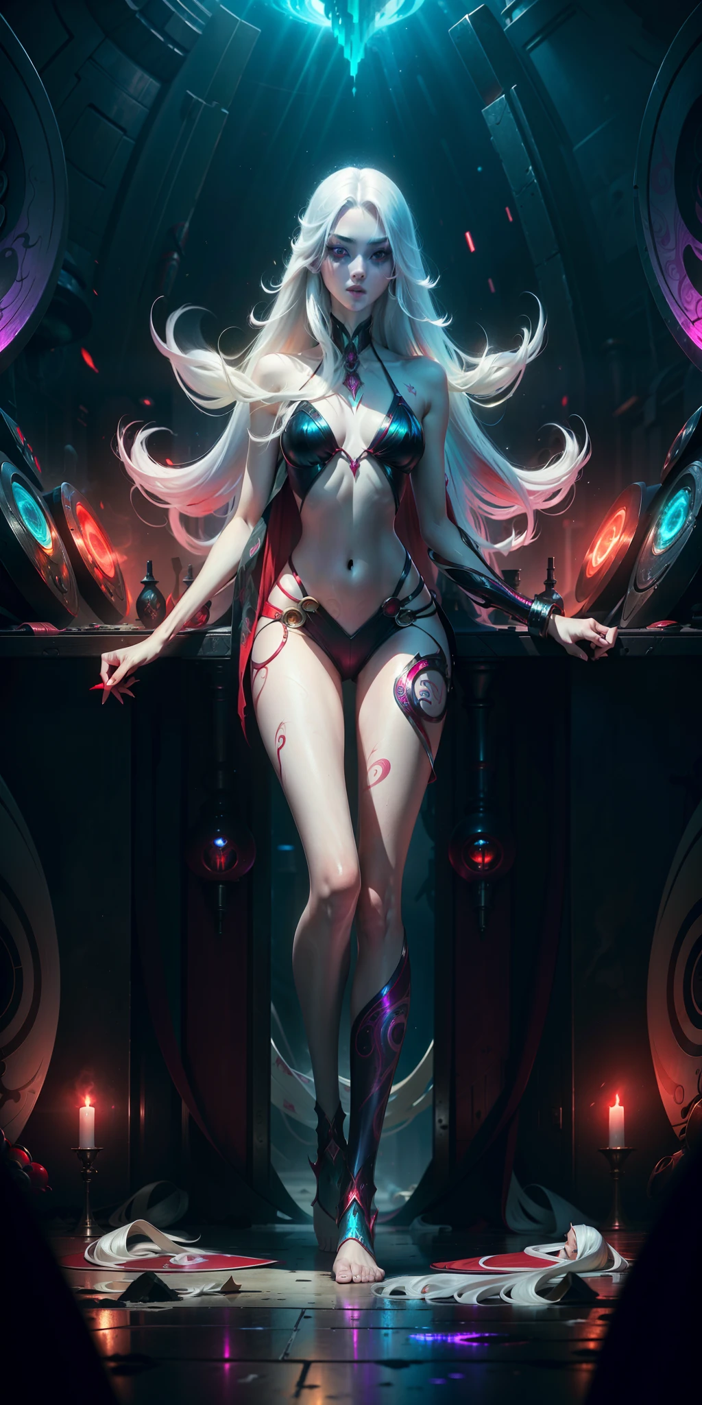 Masterpiece, Best Quality, Girls, Slender, Red Eyes, Hair Color, Iridescent, Long Hair Spreading, White Skin, Medium, Cute, Sexy, Near Future, Bikini, Exposed Skin, Night, Psychedelic, Trip, Extreme Color, Paisley Theme, Open Legs, Mechanical Left Arm, Full Body, cosmos