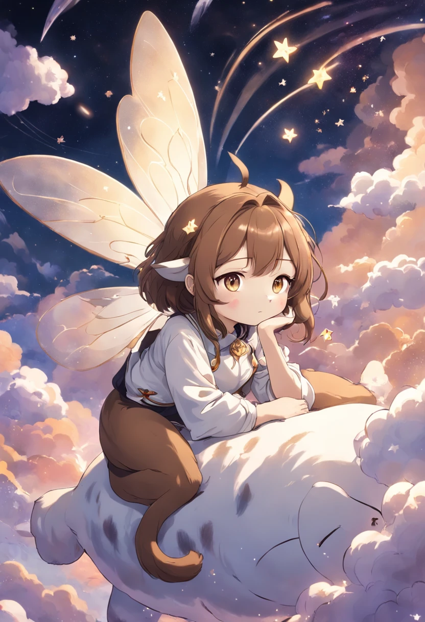 Brown and white bee cat、Draw a picture of yourself relaxing and dreaming above the clouds。The cat lies with its back to it、The tail is curled。Rainbows and stars around、Elements in the dream, such as small birds floating。The background is pale purple、Makes you feel the world in a dream。