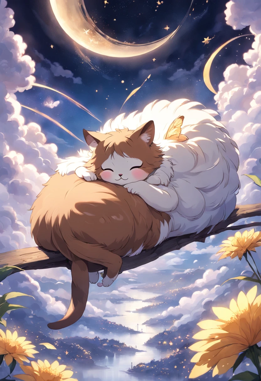 Brown and white bee cat、Draw a picture of yourself relaxing and dreaming above the clouds。The cat lies with its back to it、The tail is curled。Rainbows and stars around、Elements in the dream, such as small birds floating。The background is pale purple、Makes you feel the world in a dream。
