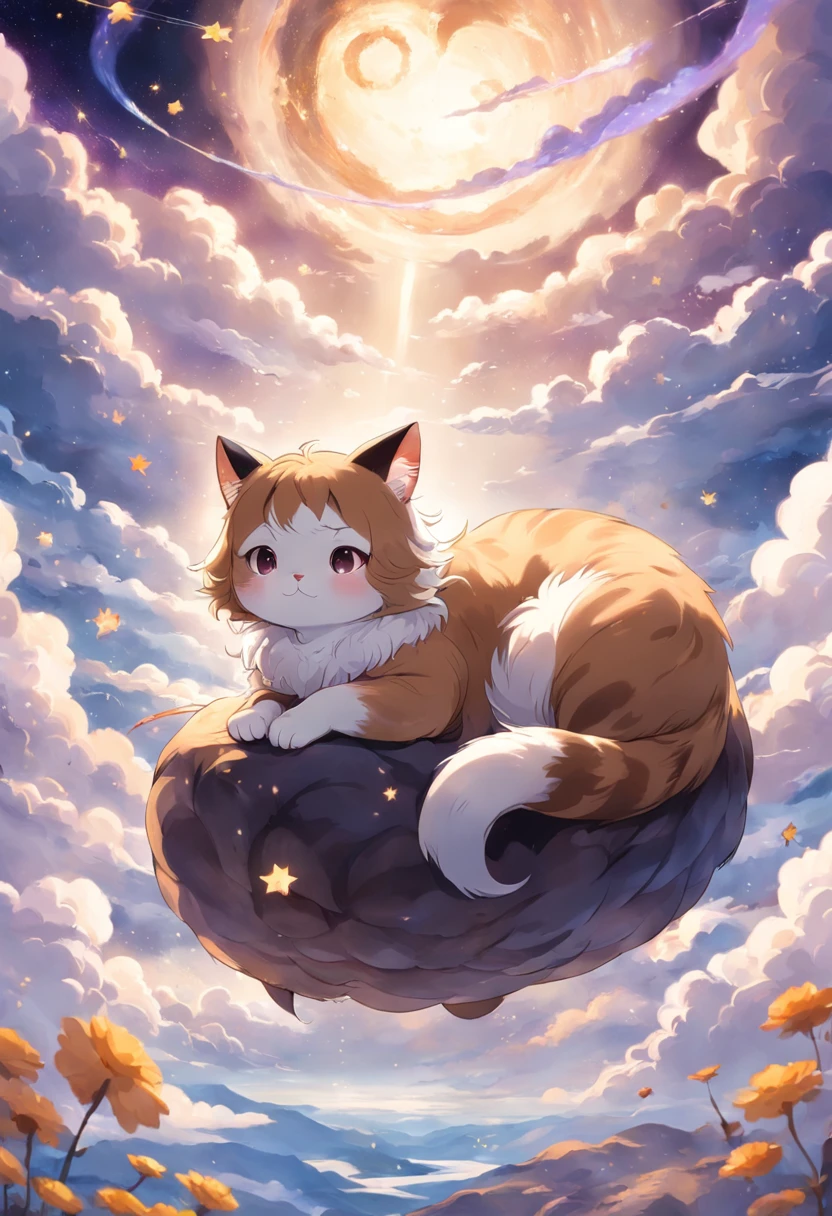 Brown and white bee cat、Draw a picture of yourself relaxing and dreaming above the clouds。The cat lies with its back to it、The tail is curled。Rainbows and stars around、Elements in the dream, such as small birds floating。The background is pale purple、Makes you feel the world in a dream。