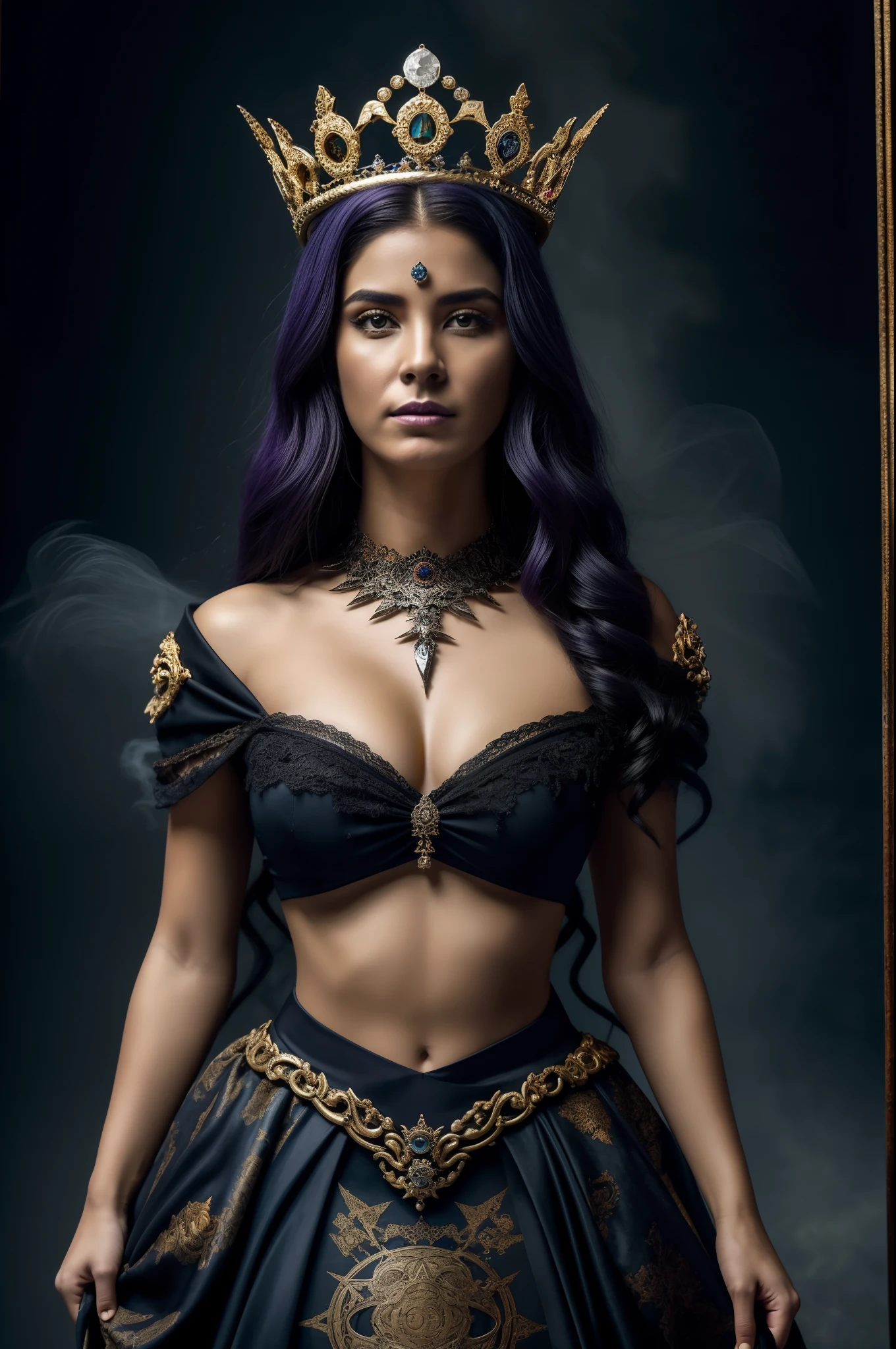 (obra maestra) (La mejor calidad) La diosa de la locura. Has a mocking and sinister expression., Lleva ropa hecha jirones, He wears a tarnished crown and stands on a shattered throne........... She is surrounded by a wind of chaotic fumes of strange colors..