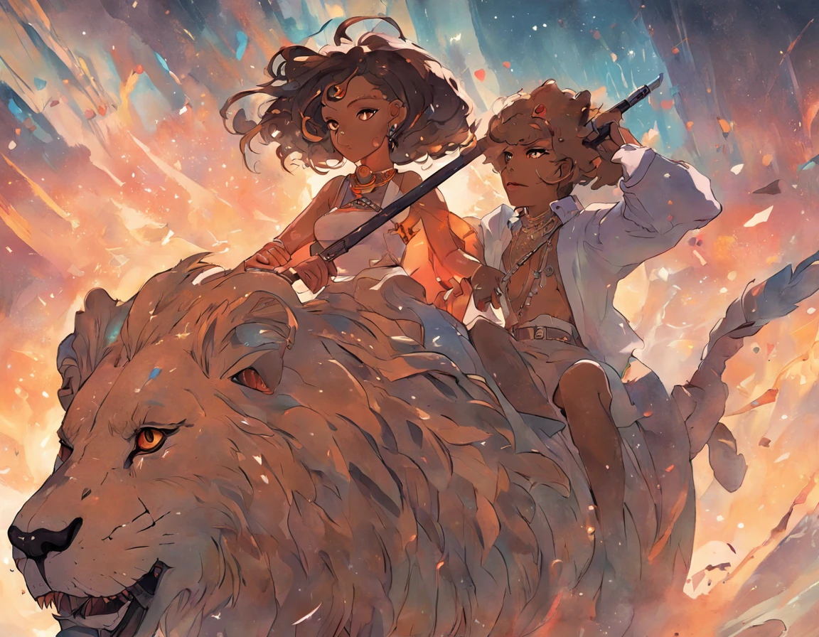 Image of a beautiful woman riding a lion , and with the rifle in his hand, in the style of Afrofuturist inspiration,
carmesim claro e branco, retratos realistas hiper-detalhados, ben lo, colorful storytelling, Esculpido, medieval
fantasia