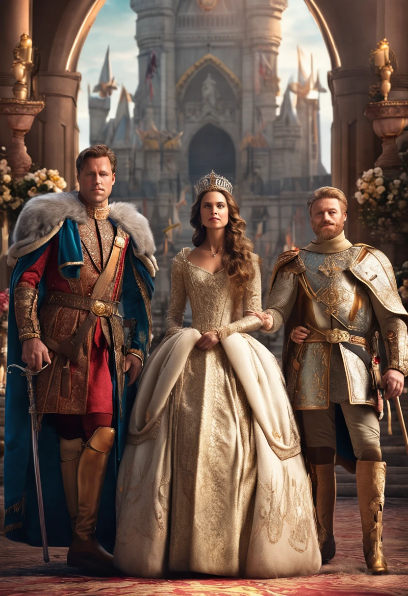 (royal court, 4 people in the picture) 1 king with strict and firm look, 1 queen with kind and wise look, 1 knight with heroic and cunning look and 1 young princess with playful look. Royal family, 4k image, realistic, perfect faces, flawless, insane details, (royal court in the background, richly adorned palace in the background)