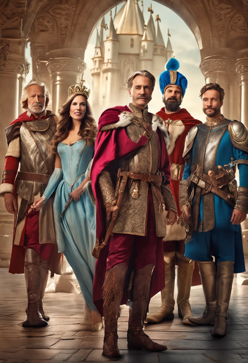 (royal court, 4 people in the picture) 1 king with strict and firm look, 1 queen with kind and wise look, 1 knight with heroic and cunning look and ung princess with playful look. Royal family, 4k image, realistic, perfect faces, flawless, insane details, (royal court in the background, richly adorned palace in the background)