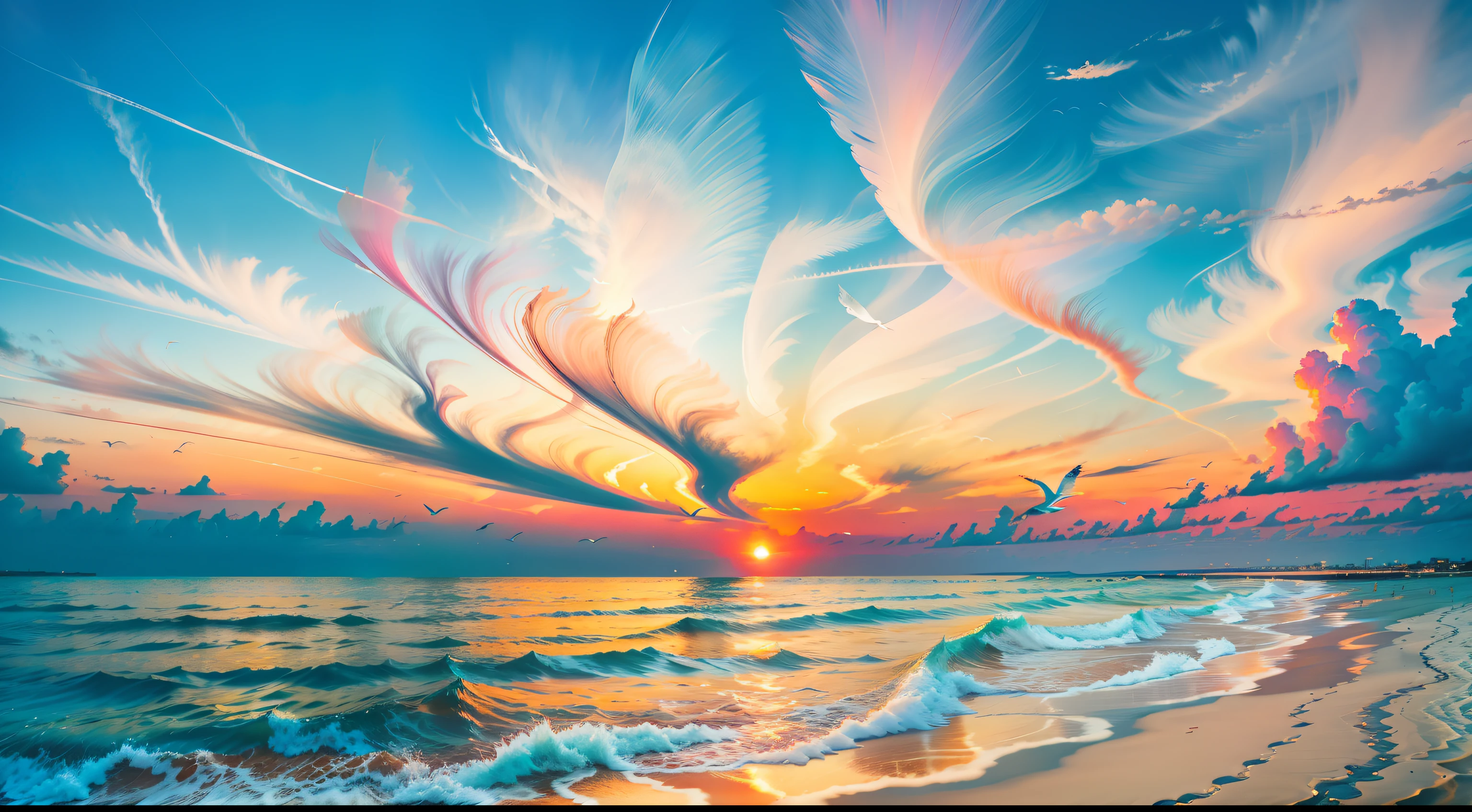 Absolutely mesmerizing sunset on the beach,The sky is mixed with orange、Pink and yellow。The water is crystal clear,Kissing the shore tenderly,The white sand is boundless。The scene is full of movement,breath-taking,Seagulls soar high in the air,Palm trees sway gently。Immerse yourself in a calm atmosphere,Let the tranquil surroundings surround you,Ray traching。