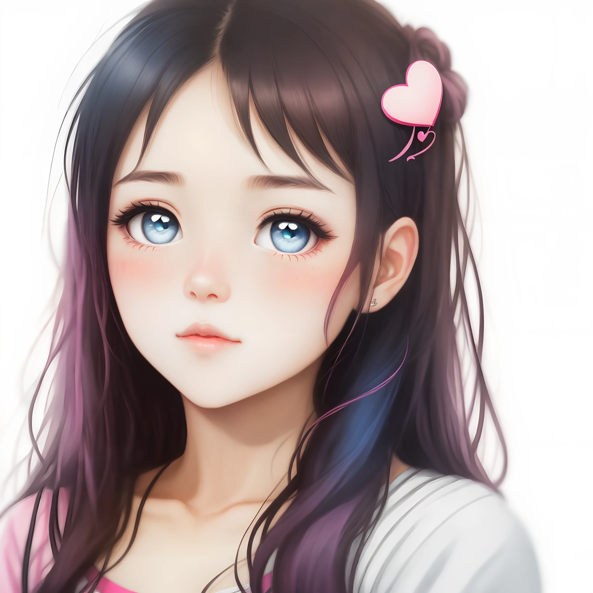 A girl with pink love in her eyes and a blushing face