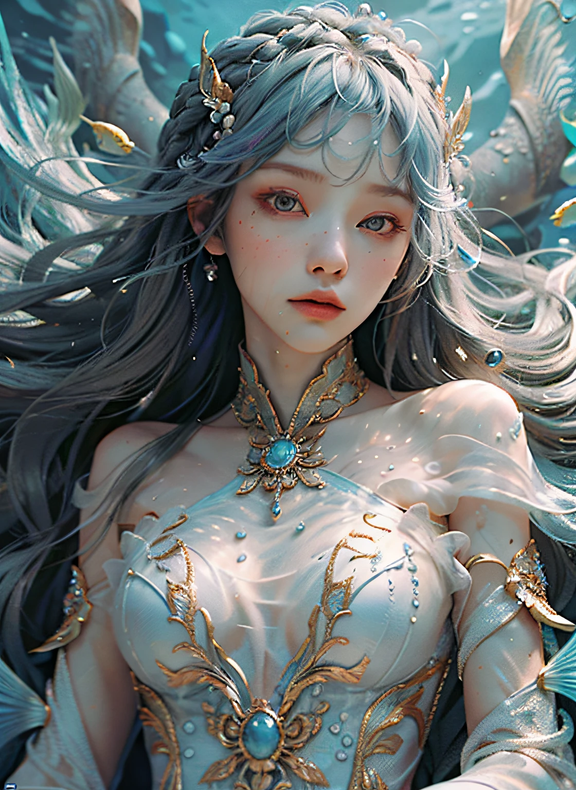youthful, age is 18 years old, small breast, Wear a white dress., flowing coat, Jewelry set details, flowing hair, I'm radiant., Hair ornaments, facial lighting, Complex magic circle, Glow runes, Glittering aura, Intense focus, Mystical incitement, Crackle Power, Floating artifacts, Intangible employees, Swirling fog, Glittering moth, Mysterious Crystal, Fluorescent sigils, Complex hand movements, Extraterrestrial Prayer, Mysterious symbols, Powerful triggering, Supernatural perception, Phoenix series, (underwater:1.8), (White dress, Rainbow hair:1.55), (((sponge, Multi-colored fish, Beautiful coral life))), (Fabric Details, ornaments detailed:1.4), fantasy, Side braid haircut, possed as lying down posture., Sharp Green, Shooting angle is the shot aperture edge., Time is the edge of light., BREAK HYPERREALISM, intricate design, Insanely detailed, Very detailed details, Very sharp lines, Cinematic lighting, photorealistic portrait, Detail drawings by Esao Andrews and Anton Fadeev, RAW photo, high-detail, 10, UHD, DSLR, soft light, HDR, warm light, High Quality, grain of film, Fujifilm XT3, photorealistic portrait, masterpiece, bestquality, hyper-detail, 10, Warm light, gentle lighting, masterpiece, bestquality, Detailed, top-quality, ultra-detail, highres, cinematic light, Beautiful and colorful, out of focus, raw photograph, Artistic Portrait, Absurd, high contrast, colorfully, maximum detail, chest covered by dress
