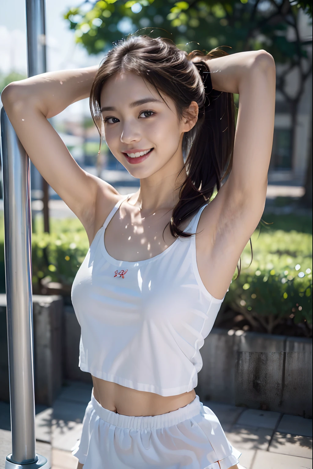 ((Raise your hands to show your armpits、armpit pose、Apply shiny oil to the armpits、Oiled wet underarmpits、Under the tecateca armpits:1.15、Armpit、Detailed armpit wrinkles、Armpit、Wrinkles under the armpits:1.4、Just a little freckles on the face、Glossy armpits:1.7、slimy armpits、Armpit tecateca:1.4、full body closeup、Simple white panties on lower body、Don't wear skirts!!、Sleeveless sailor suit、A smile、red lipsticks、playground、High school girl in sleeveless sailor suit and simple white panties、ar old)​masterpiece:1.3), (8K, Photorealsitic, Raw photography, Top image quality: 1.4), a japanese girl、Standard body shape:1.3、high-ponytail Hairstyle、Super Detail Face、Eye of Detail、二重まぶた、Super detail armpits、foco nítido:1.2、prety woman:1.4、light brown hair、top-quality、​masterpiece、超A high resolution、(Photorealsitic:1.4)、Highly detailed and professional lighting smile、Background of the playground、on the park、High school girl in sleeveless sailor suit and simple white panties showing armpits