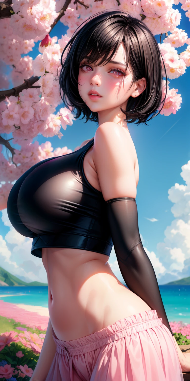 realistic, 1girl, short black hair, pink eyes, glowing eyes, crop top, parted lips, juicy lips, blush, flowers, sun, sunlight, scenery, masterpiece, perfect face, perfect lighting, huge breasts, perfect eyes, portrait