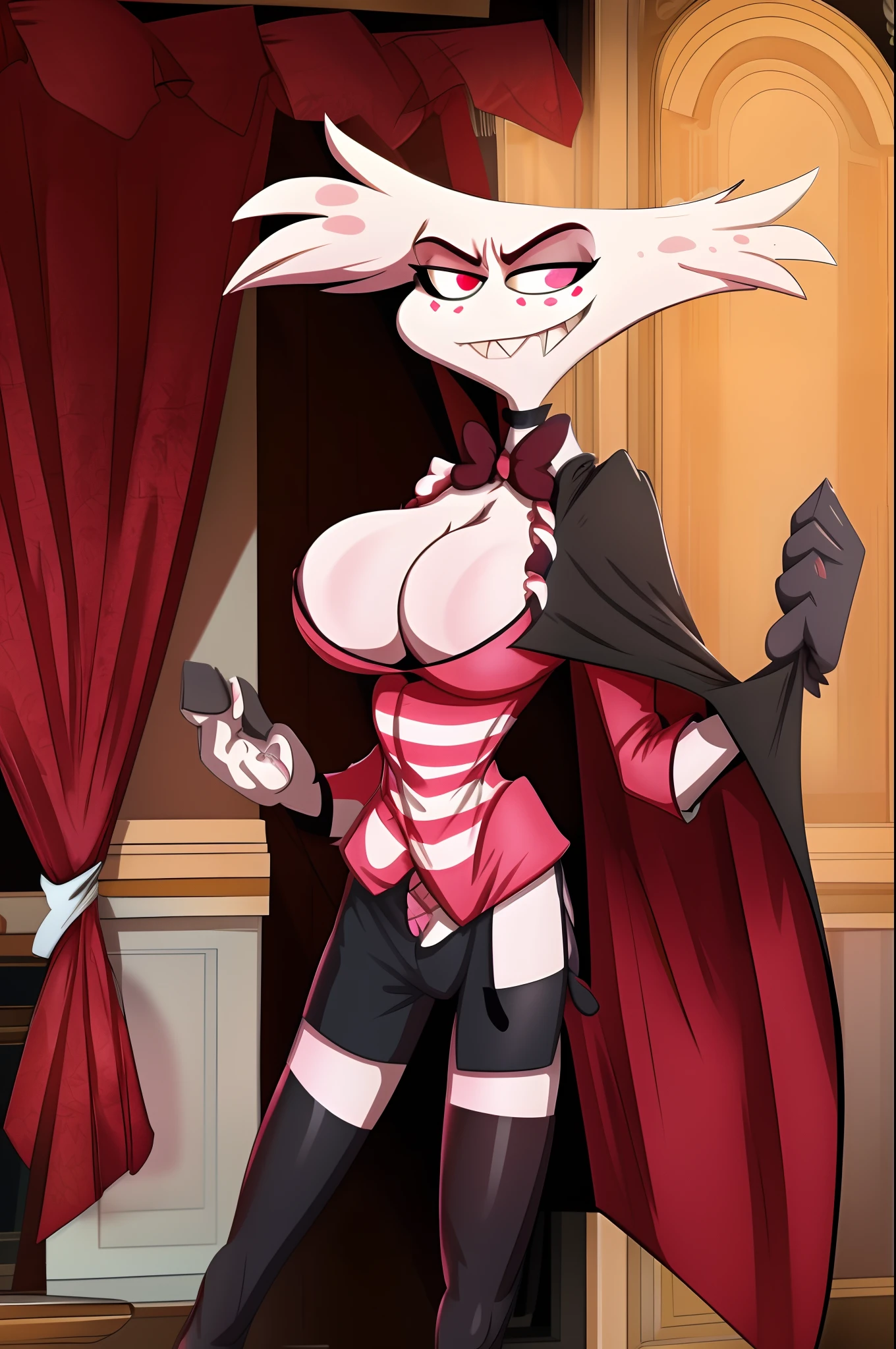 Angel Dust Hazbin Hotel, , wide hips, wearing suit, wearing black shorts, cleavage, highly detailed, hi res, high resolution, cleavage, , looking at viewer, curvy huge breast, curvy, full body, pants, cloak, curvy, maid, butler, vest, boots,thicc