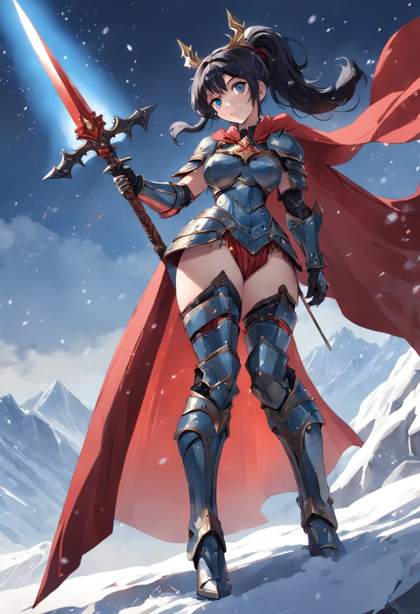 A beautiful woman, (from below: 1.3), (perspective: 1.2), looking at the audience, full body, full body photo, very huge breasts, high heels, (( snow background)), (( full body armor, gown)), smile, ((holding a weapon)) , very big ass, black color hair, ponytail hairstyle, ((Highest quality)), ((outstanding detail)), ((super high resolution: 3.5)), (fidelity: 1.4), ((best illustration, favor details, perfect detail rendering, ultra HD, masterpiece, ultra high res)), (photorealistic:1.5), raw photo, perfect brightness and darkness, light ray, perfect balance, smooth color transition, perfect body figure, full body frame, shining light, red and black color armor, aura, mantle, cape, Full detail armor design, crown, blue eyes