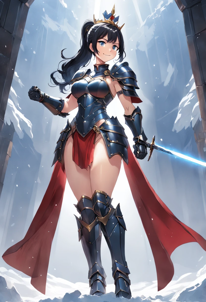 A beautiful woman, (from below: 1.3), (perspective: 1.2), looking at the audience, full body, full body photo, very huge breasts, high heels, (( snow background)), (( full body armor, gown)), smile, ((holding a weapon)) , very big ass, black color hair, ponytail hairstyle, ((Highest quality)), ((outstanding detail)), ((super high resolution: 3.5)), (fidelity: 1.4), ((best illustration, favor details, perfect detail rendering, ultra HD, masterpiece, ultra high res)), (photorealistic:1.5), raw photo, perfect brightness and darkness, light ray, perfect balance, smooth color transition, perfect body figure, full body frame, shining light, red and black color armor, aura, mantle, cape, Full detail armor design, crown, blue eyes