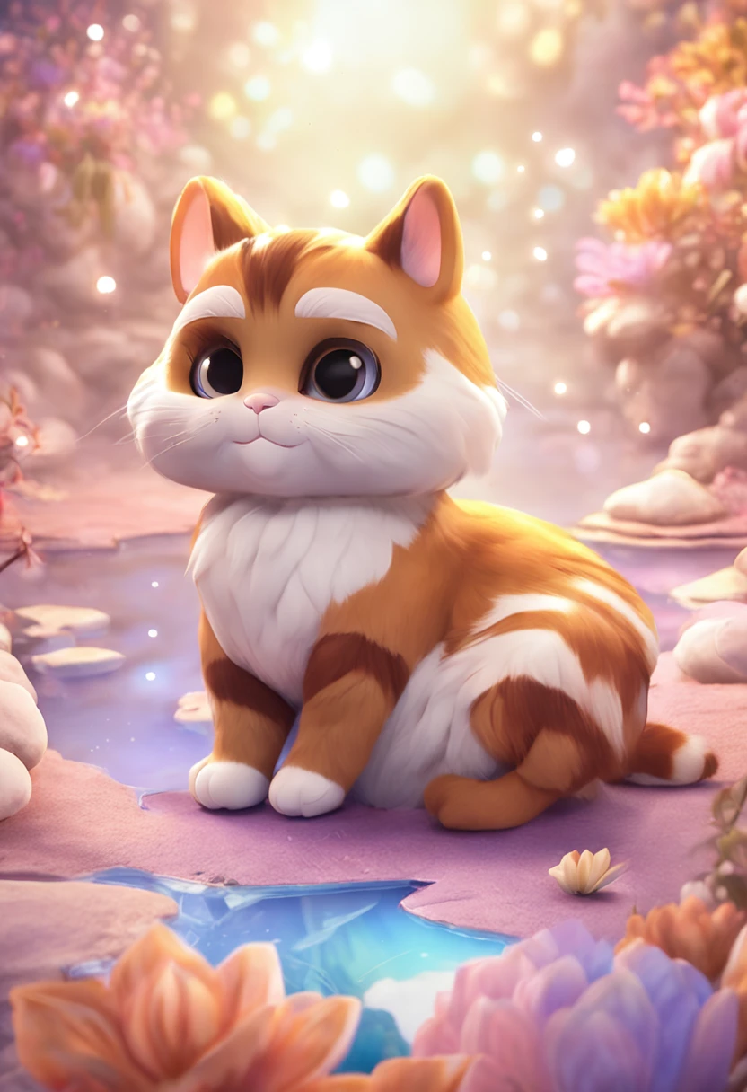 Brown and white bee cat、Draw a picture of yourself relaxing and dreaming above the clouds。The cat lies with its back to it、The tail is curled。Rainbows and stars around、Elements in the dream, such as small birds floating。The background is pale purple、Makes you feel the world in a dream。
