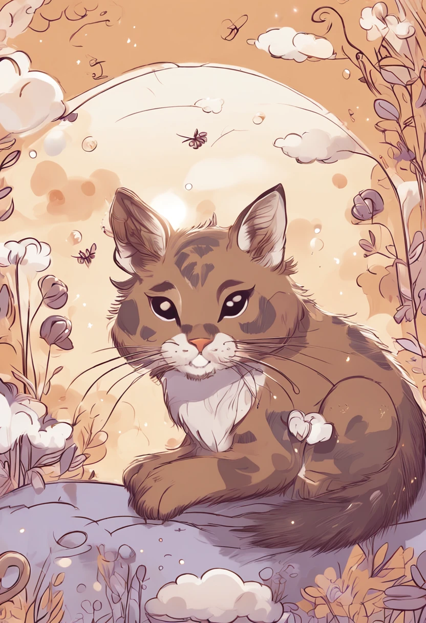 Brown and white bee cat、Draw a picture of yourself relaxing and dreaming above the clouds。The cat lies with its back to it、The tail is curled。Rainbows and stars around、Elements in the dream, such as small birds floating。The background is pale purple、Makes you feel the world in a dream。
