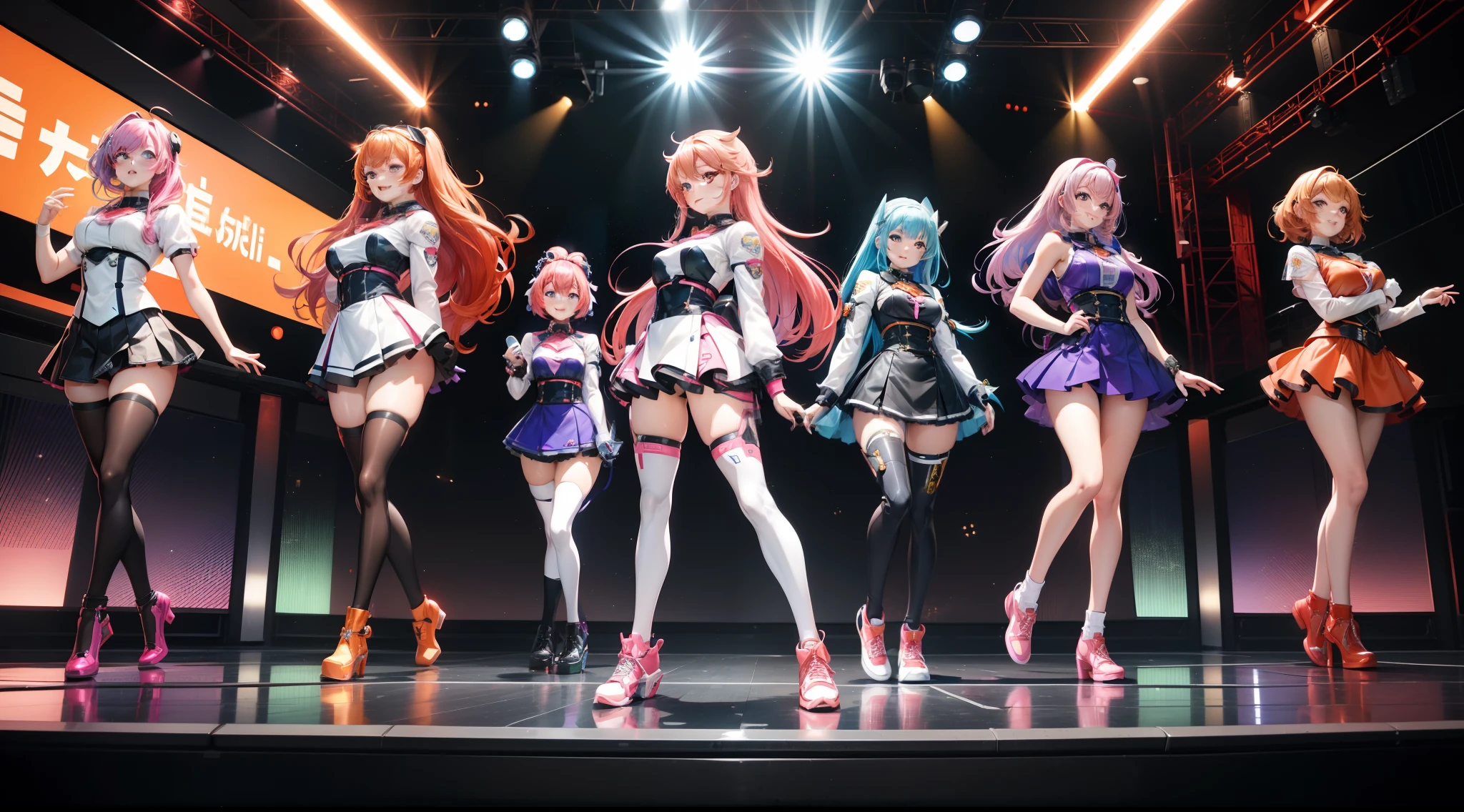 Anime-style illustration、Live scene of school idols、(((5 beautiful girls are posing on a futuristic stage)))、SFAn idol costume that fits the body like a spacesuit that appears in anime。a miniskirt、A mechanical future stage floating in outer space、Different hair colors for different people、Pink hair center figure、Blue hair、blondehair、Relaxed smile