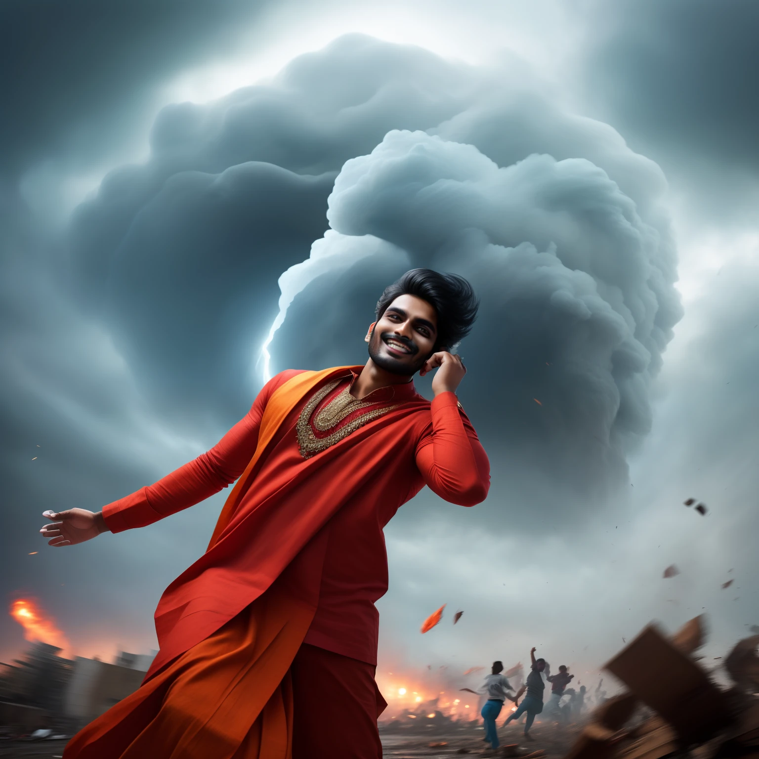hAPPY HANDSOME INDIAN SKINCARE BLOGGER, FLAWLESS SKIN, DESTUCTIVE TORNADO IN BACKGROUND,  MOTION BLUR, WIDE CAMERA ANGLE, TORNADO DESTRUCTION, CHAOS, PEOPLE CREAMING IN BACKGROUND, HYPER REALISTIC, REALISTIC,
