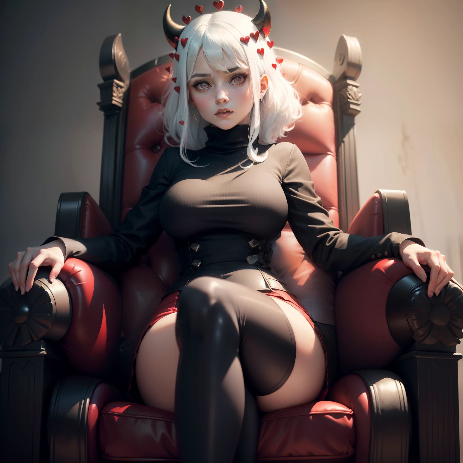 Masterpiece, (1 girl) Best Quality, Modeus (helltaker), (demon tail), red ribbed sweater,high neck, black skirt, black jacket, red eyes, (((white hair))),medium short hair, trumpets, hearts, (heart-shaped pupils), pantyhose, black mid-calf stockings. Seated in a throne, dressed as queen and crowned as a Queen of the hell