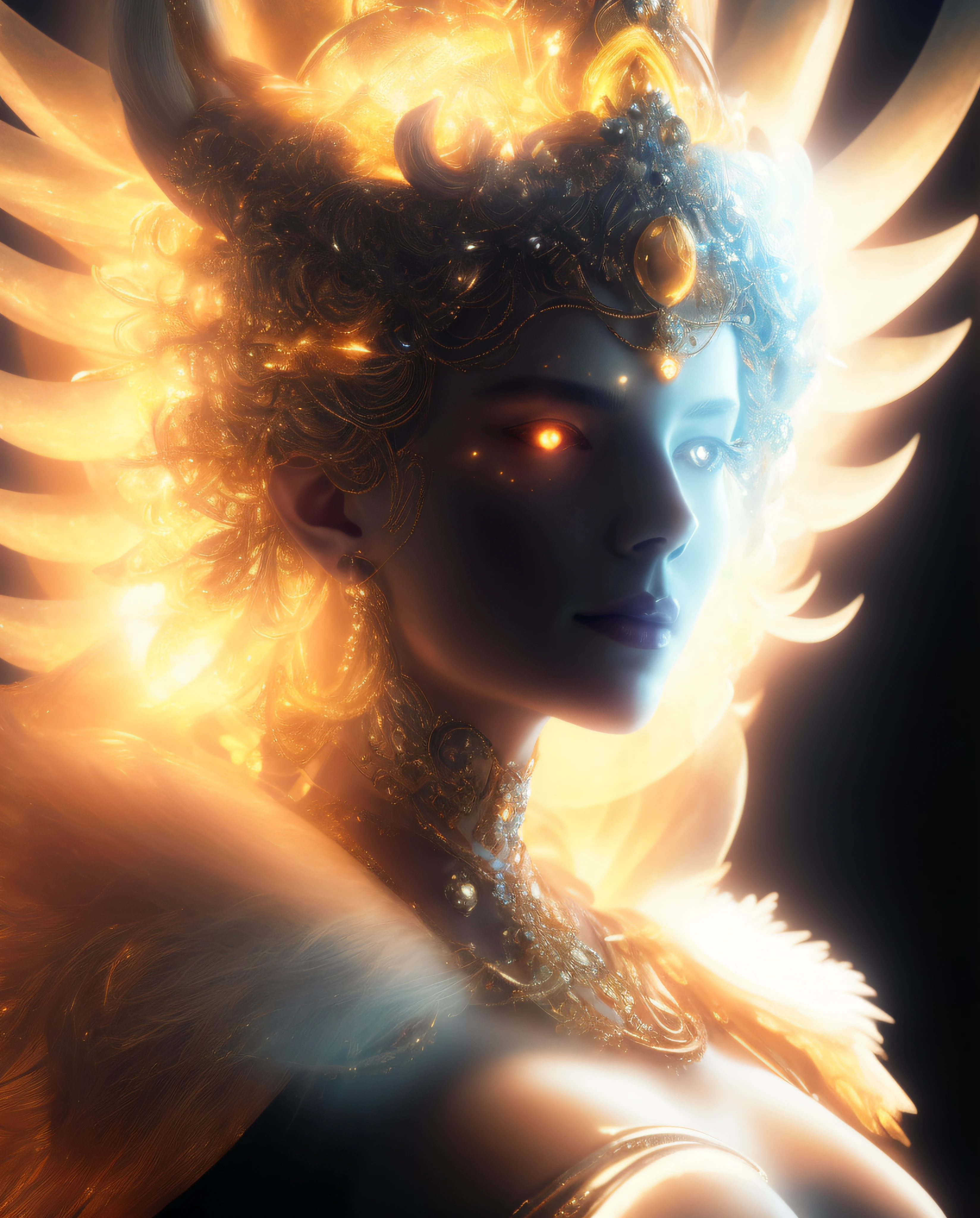a close up of a woman with a very large headpiece and a glowing halo, portrait of queen of light, goddess. extremely high detail, a stunning portrait of a goddess, unreal engine render + a goddess, cinematic goddess close shot, goddess close-up portrait, goddess of light, portrait of a beautiful goddess, fantasy art behance, a beautiful fantasy empress