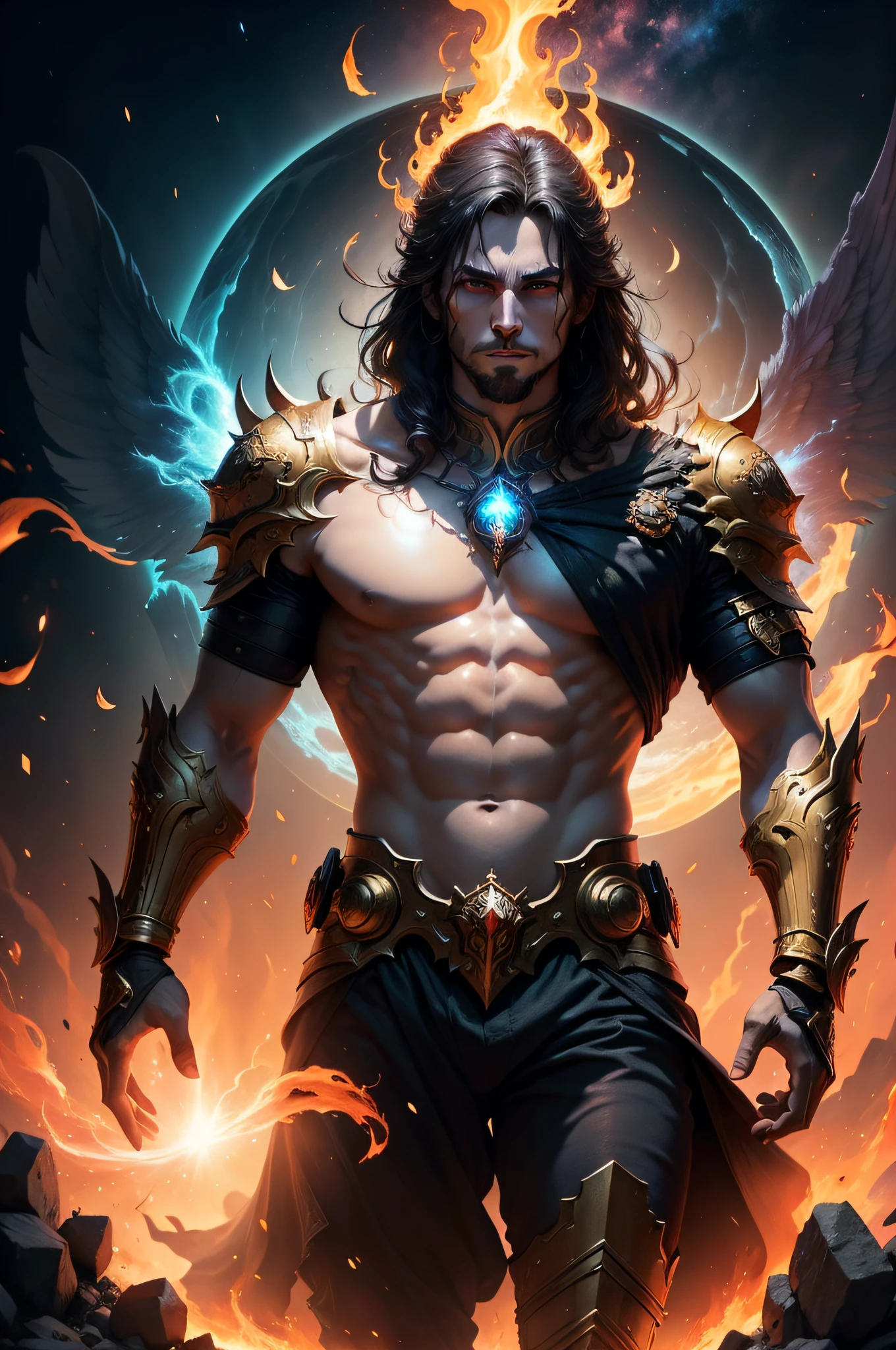 masterpiece, best quality, high resolution, closeup portrait, a male, greek god, fantasy, league of legends style, beautiful figure painting, bright light, amazing composition, front view, HDR, volumetric lighting, ultra quality, elegant, highly detailed