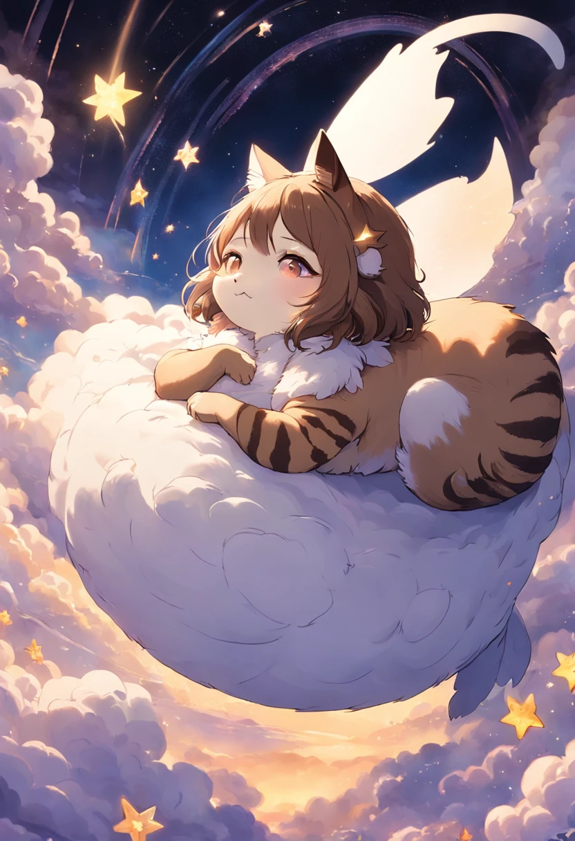 Brown and white bee cat、Draw a picture of yourself relaxing and dreaming above the clouds。The cat lies with its back to it、The tail is curled。Rainbows and stars around、Elements in the dream, such as small birds floating。The background is pale purple、Makes you feel the world in a dream。
