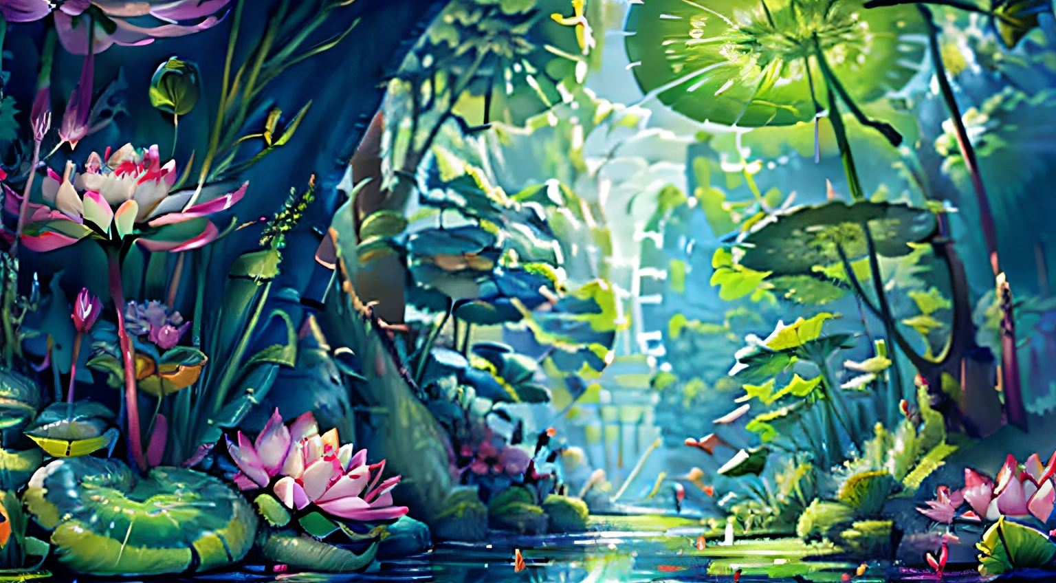 lovely digital painting, Beautiful 2D concept art, Lotus pond, Beautiful digital artwork, Concept art in cartoon style, waterlily pond, beautiful digital painting，Children's picture book style，microcosm，Lotus leaf layering，Various plants，Factory Watch，Beautiful and abundant plants，Scenes，Background with，Heads-up