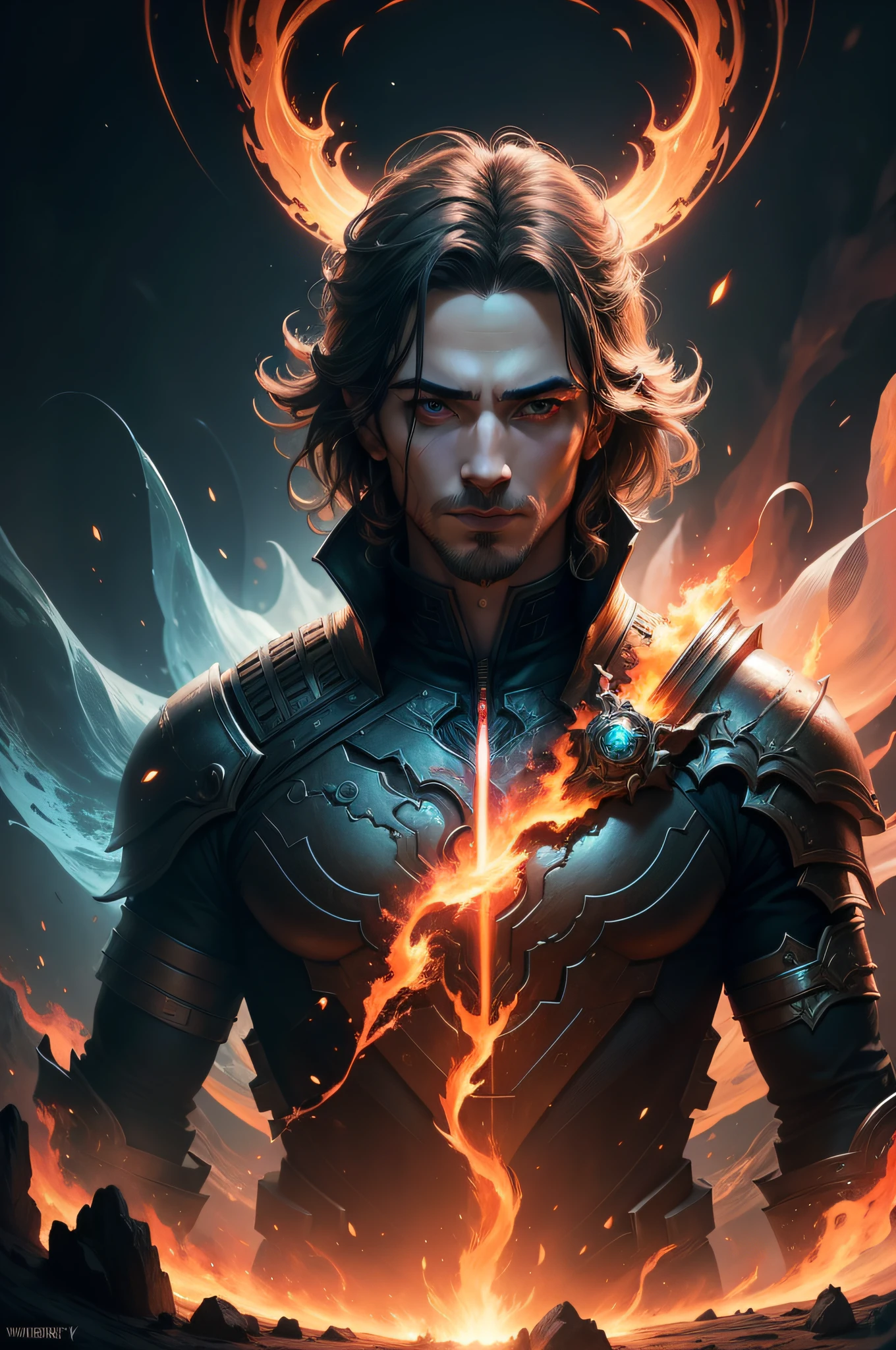 photo, portrait, a god floating on fire [a discovery of a wormhole leads to new worlds|a cursed prince must marry a void], [scifi:fantasy:0.6] cinematic Lighting, detailed background, centered, styled in Michael Bay, insanely detailed, high definition , concept art , digital art , vibrant, (the most beautiful art in the world:1.2),(V0id3nergy:1.3)