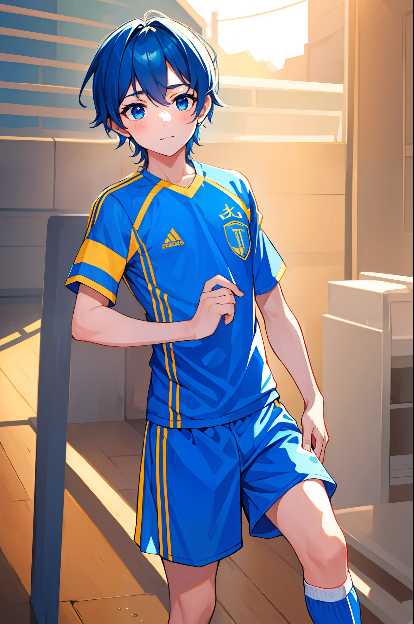 (1boy,masculino) cabelo azul, uniforme de futebol