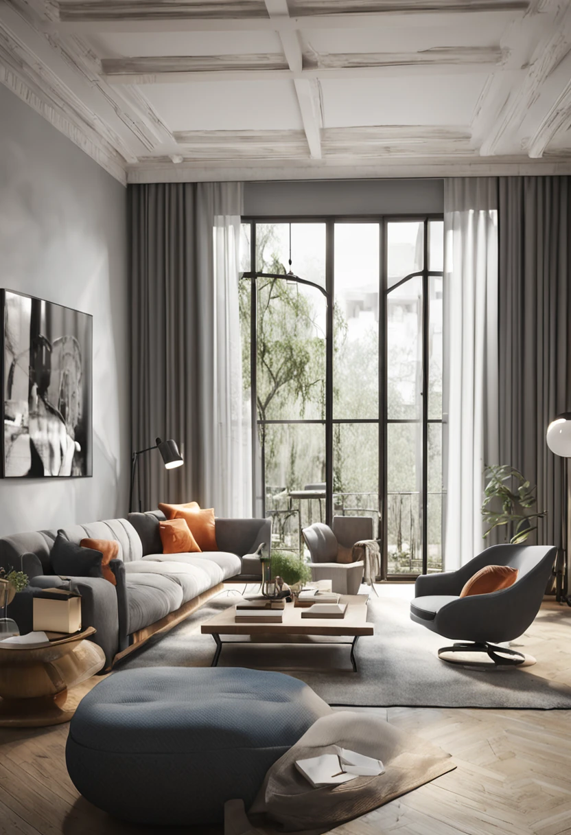 there is a living room with a couch, chair, coffee table and television, in style of 3d render, high quality 3 d render, high quality 3d render, apartment design, professional 3d render, stuning 3 d render, very realistic 3 d render, realistic cinema 4 d render, excellent 3d render, clean 3 d render, Realistic CGI rendering Modern design in black, white and gray