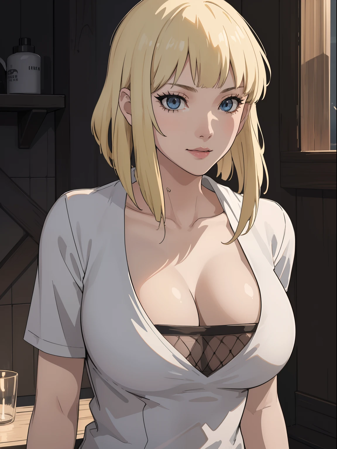 Best quality, masterpiece, ultra high res, 1girl, sexy, in the dark, deep shadow, low key, cold light, milf, blonde, dynamic light, cinematic lighting, cinematic lighting, down blouse, mature woman, middle parted hair, nsfw, natural breast, upper body, milf, samui, simple smile