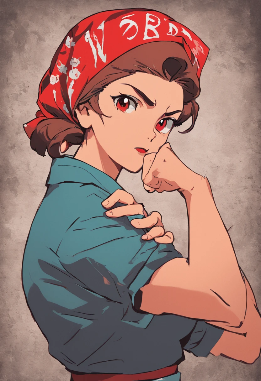 a poster of a woman with a red bandana and a sign that says you can do it, poster art by Bob Singer, pixabay, feminist art, we can do it, anime rosie the riveter poster, butcher billy, 1940s propaganda poster, propaganda art, ww 2 propaganda poster, butcher billy style, strong woman, feminism