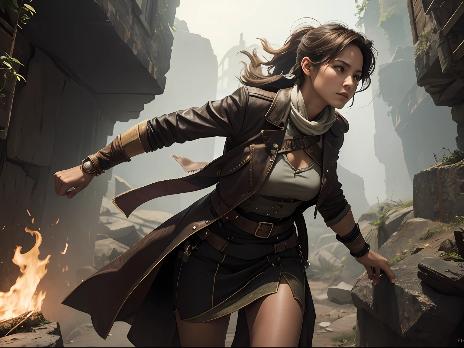 "A fearless woman on a journey through time, defying the boundaries of reality as she traverses through different eras, embodying strength and resilience."