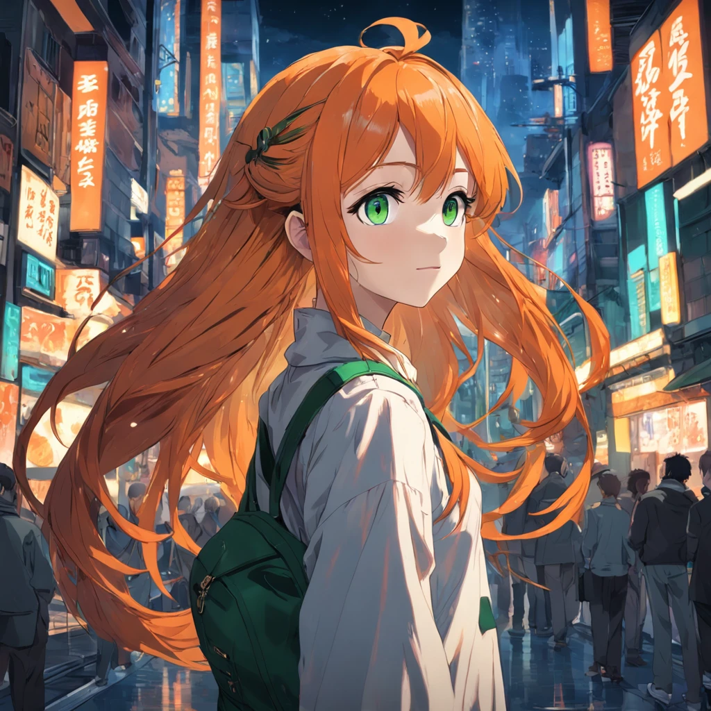 Orange hair, green pupils, walking down the street, turning around and looking back, smile, masterpiece, high quality, high detail