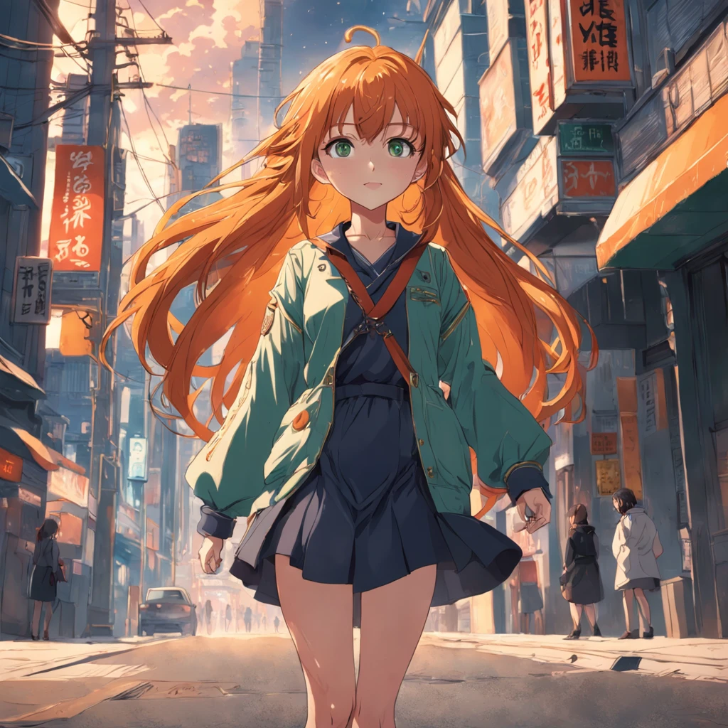 One Girl, (Sunset sky), Standing and waving, School Area, Cityscape, scenery, School Cardigan, (Sleeves are longer than the wrist), Powerful loafers, Black ash two side up hair, Blunt bangs, Beautiful dark eyes, Black knee socks, Cinema Lighting, Upper Body, :3,