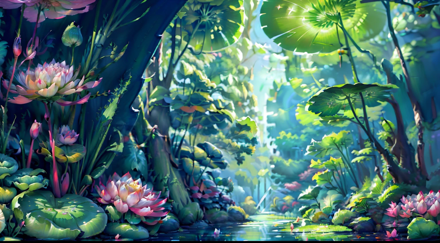 lovely digital painting, Beautiful 2D concept art, Lotus pond, Beautiful digital artwork, Concept art in cartoon style, waterlily pond, beautiful digital painting，Children's picture book style，microcosm，Lotus leaf layering，Various plants，Factory Watch，Beautiful and abundant plants，Scenes，Background with，Heads-up