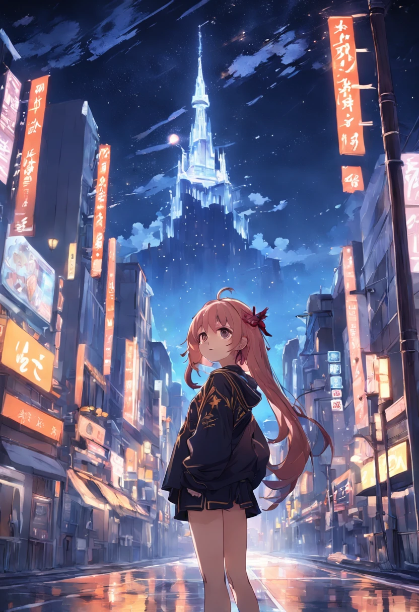 masterpiece,best quality,yoimiya_genshin,1girl,solo,standing,outdoors,night sky,starry sky,street,city lights,cityscape,road,upper body,tongue out