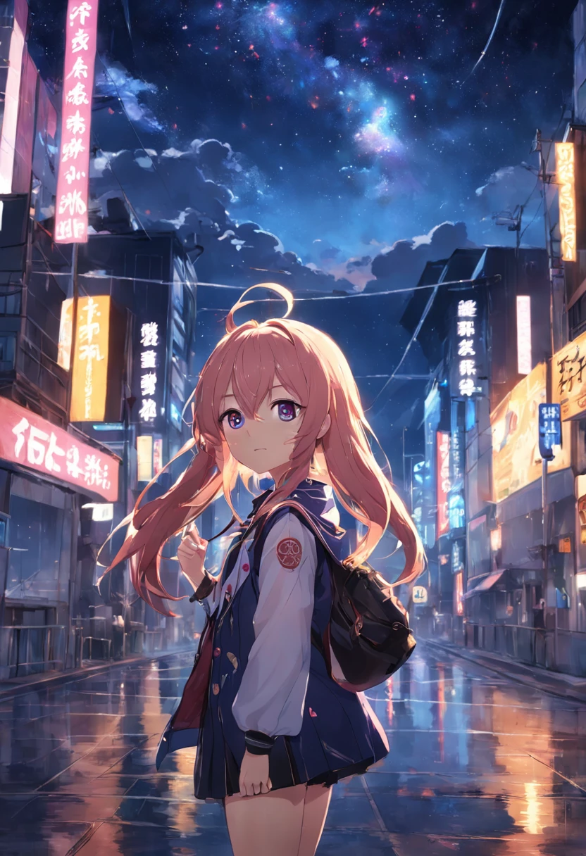 masterpiece,best quality,yoimiya_genshin,1girl,solo,standing,outdoors,night sky,starry sky,street,city lights,cityscape,road,upper body,tongue out