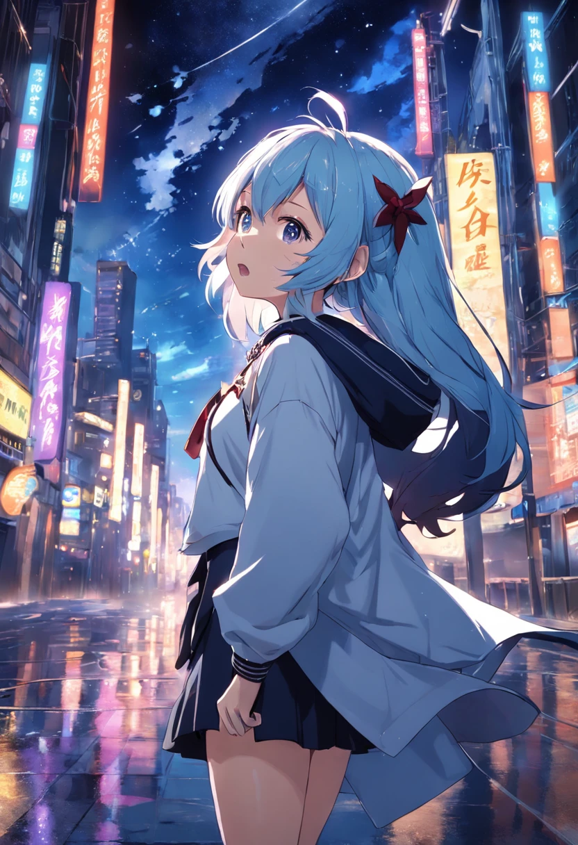 1 Outdoor girls, late, starrysky, in a panoramic view, scenecy, horizon, the roof, sitting on rooftop, ventania,(wide angles,Ultra HD details,Masterpiece, hyper HD, Super detail, High details, Best quality, A high resolution, Award-Awarded, 8K),(电影灯光)