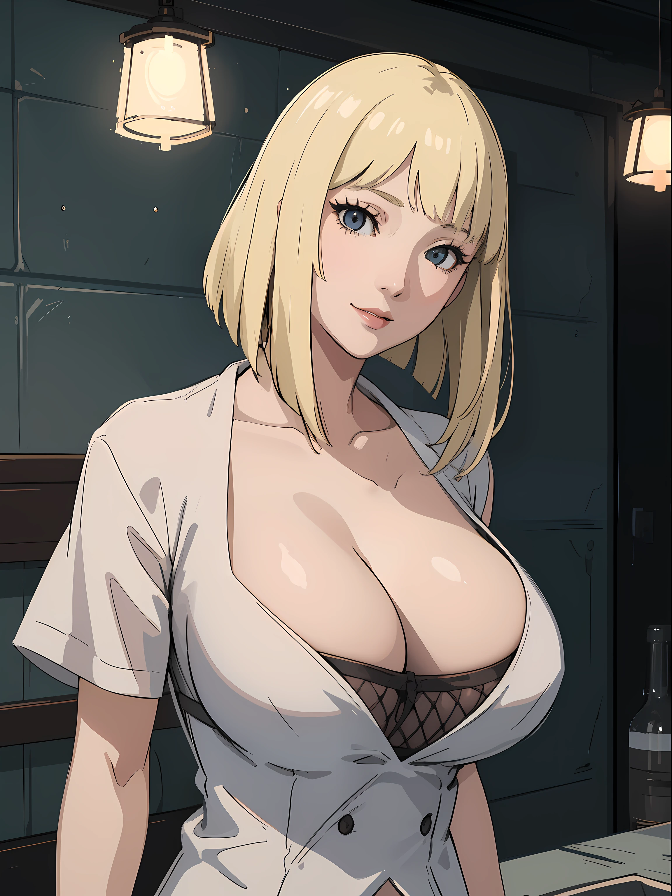 Best quality, masterpiece, ultra high res, 1girl, sexy, in the dark, deep shadow, low key, cold light, milf, blonde, dynamic light, cinematic lighting, cinematic lighting, down blouse, mature woman, middle parted hair, nsfw, natural breast, upper body, milf, samui, simple smile