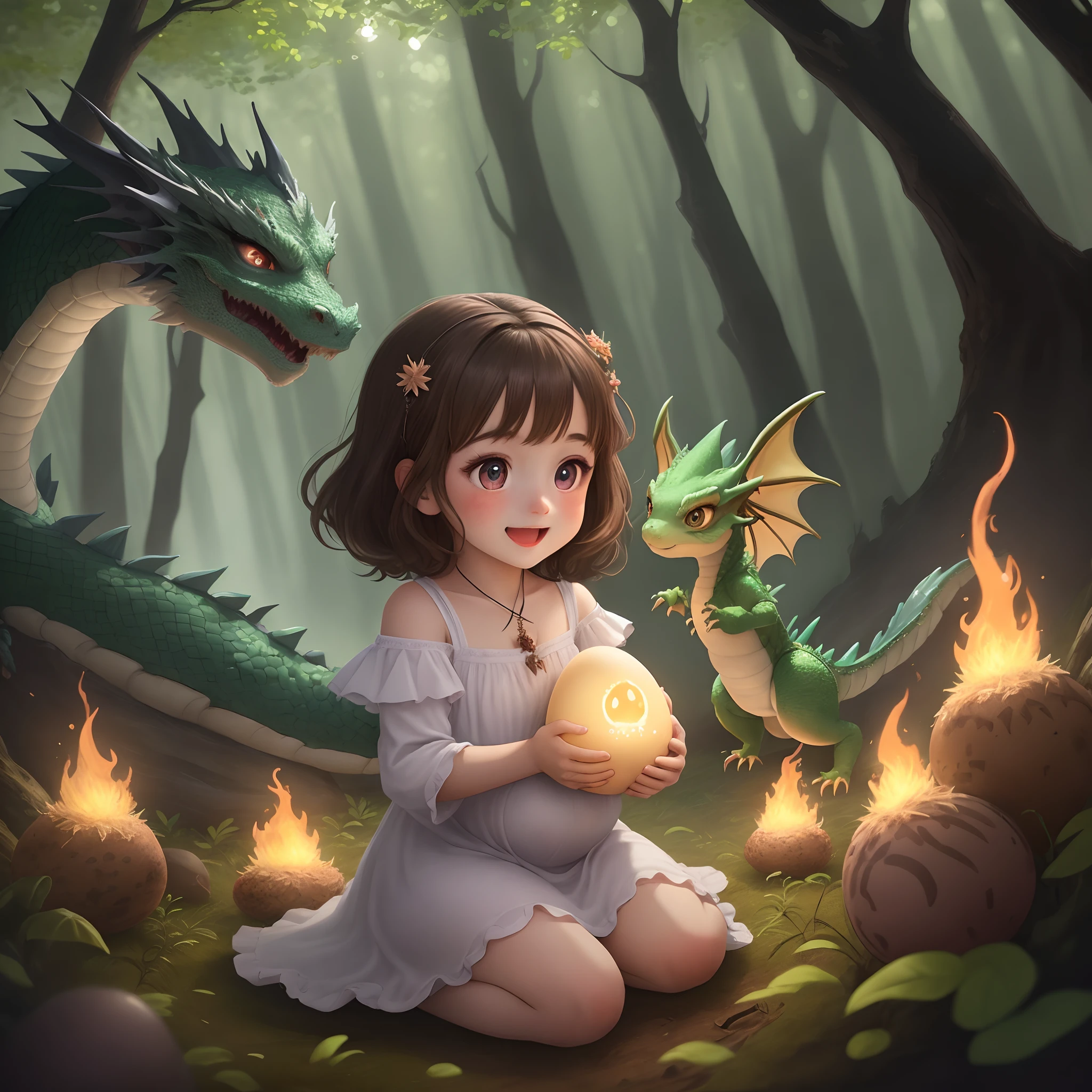 Sofia, a girl with brown hair and curious eyes, finds a glowing egg in a forest clearing. The egg cracks open, revealing a small, fluffy dragon hatchling with big eyes and charming wings. The scene radiates joy and surprise, with the newborn dragon's flame glowing brightly.