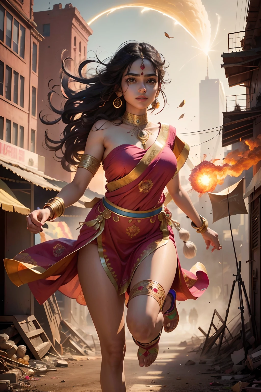 masterpiece,ultra wide shot, full body shot, best quality, high details, highres, ccurate, ((realistic)), ((Indian girl in vibrant and colorful Indian dress running from nuclear explosion in city)) , (blood:1.1),((Indian face)), glowing skin, fractal jewellery, [pink:black:5] hair, smile, pink realistic eye,beautiful eye, ((destroyed city in background)), Top Quality, Expressive Eyes, Perfect Face, glowing skin, slender Arms, Indian woman, 8k_wallpaper, highly detailed eyes, body very high detailed, very detailed fingers, (digital art masterpiece), (detailed manga illustration), (detailed line art), (perfect)) ???????, best hands)), (intricate detail: 1.3), (very detailed: 1.3 ) , (illustration :1.3), (sharp focus:1.3), (natural light:1.05), (bright color:1.3),16k