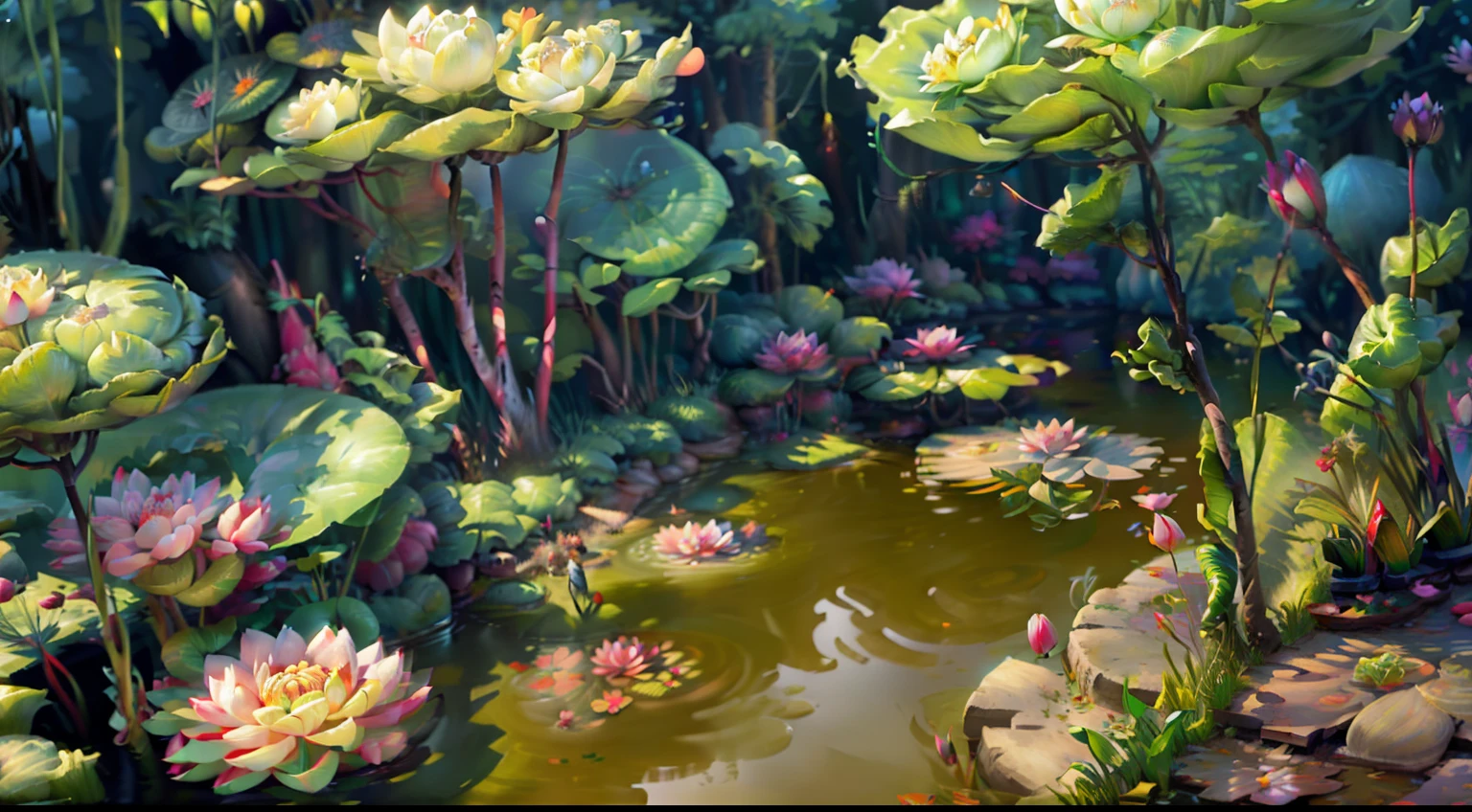 lovely digital painting, Beautiful 2D concept art, Lotus pond, Beautiful digital artwork, Concept art in cartoon style, waterlily pond, beautiful digital painting，Children's picture book style，microcosm，Lotus leaf layering，Various plants，Factory Watch，Beautiful and abundant plants，Scenes，Background with，Heads-up