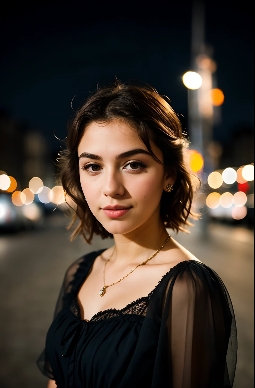 instagram photo, closeup face photo of a young french in dress, beautiful face, makeup, night city street, bokeh, motion blur